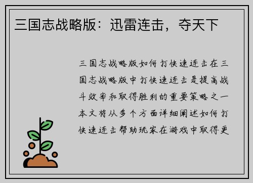 三国志战略版：迅雷连击，夺天下